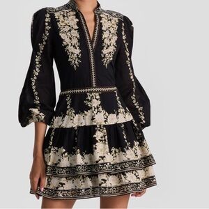 NEW Alice + Olivia Valencia Floral Tiered Long Sleeve Cotton Mini Dress Black